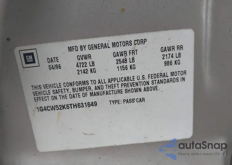 1996 Buick Park Avenue z USA, uszkodzony, nr VIN 1G4CW52K6TH631649